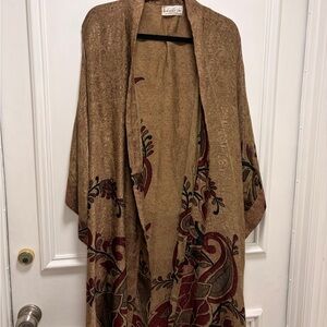 Embroidered Shawl Cape in Tan with Red Accents
